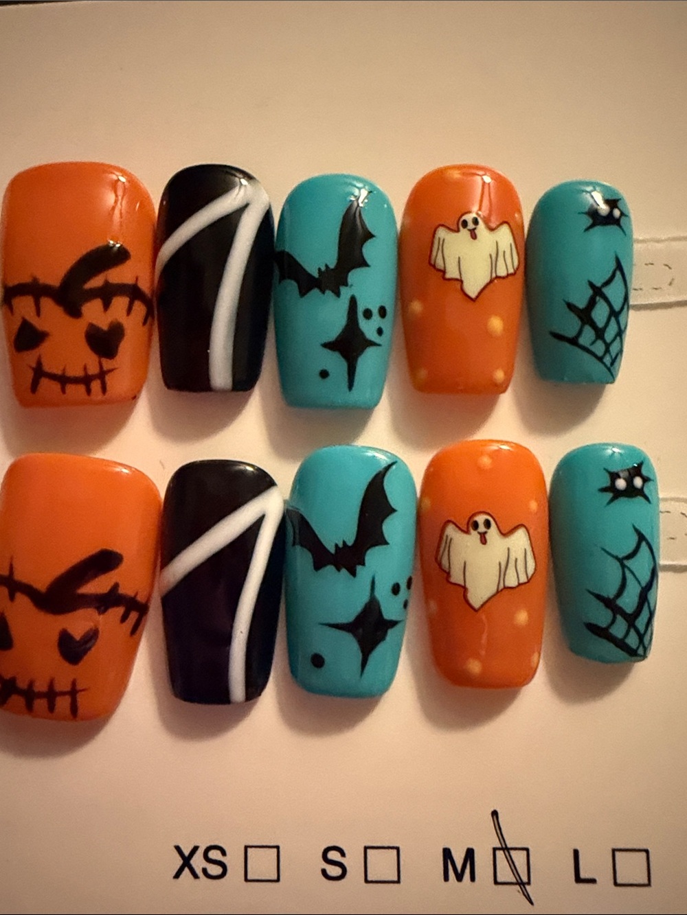 Halloween theme handmade acrylic press onNail Set Orange & Teal Ghosts and Bats